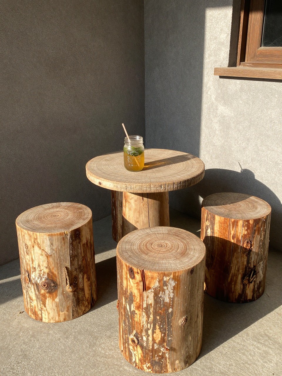 Photo of a cluster of log rounds used as stools and a side table in a rustic country backyard, corner angle, afternoon light, containing a mason jar drink sitting on one log, iPhone photo quality.