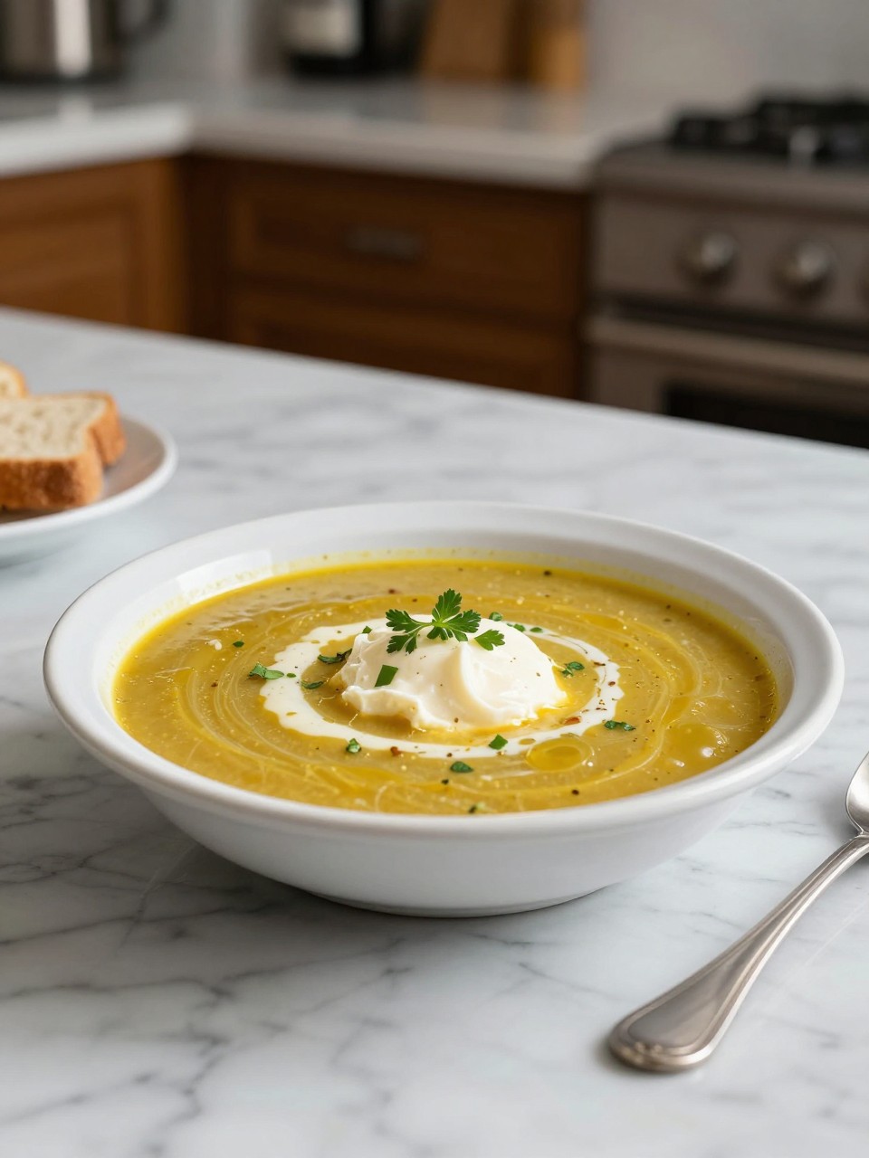 An overheard picture view of a plate of Caldo de Queso sitting on a marble countertop table in the kitchen, professional food photography style.