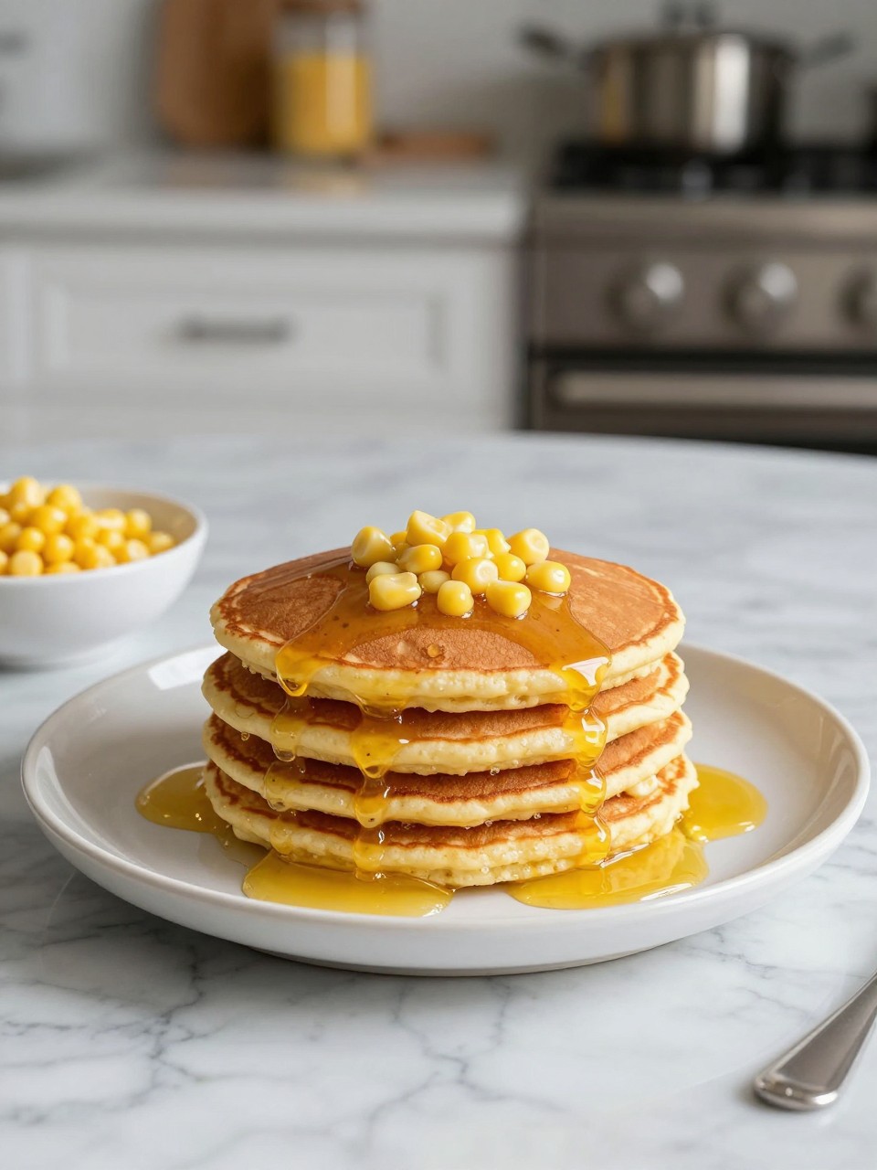 An overheard picture view of a plate of Sweet Corn Pancakes sitting on a marble countertop table in the kitchen, professional food photography style.