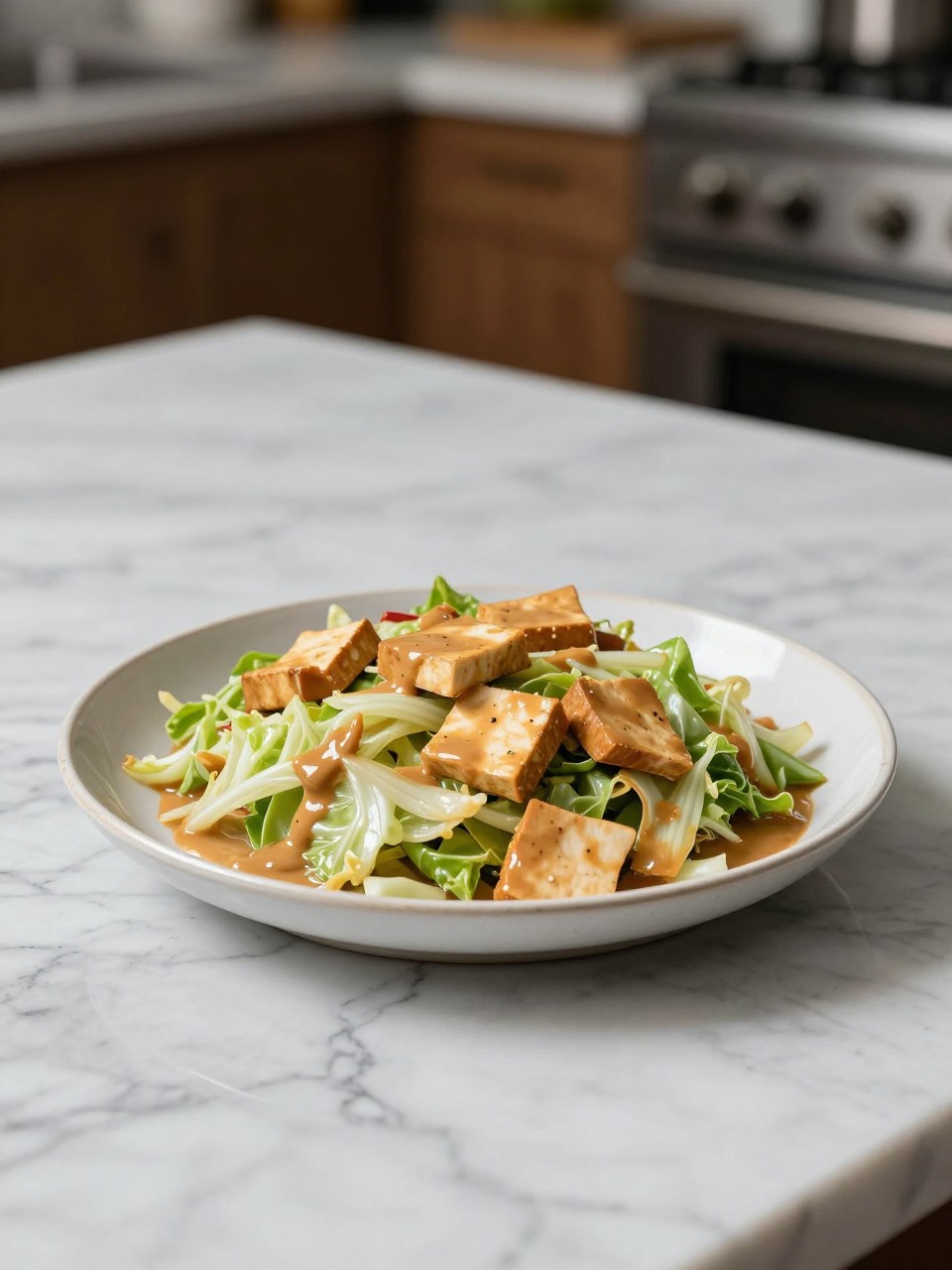 An overheard picture view of a plate of Cabbage and Tofu Stir-Fry with Peanut Sauce sitting on a marble countertop table in the kitchen, professional food photography style.