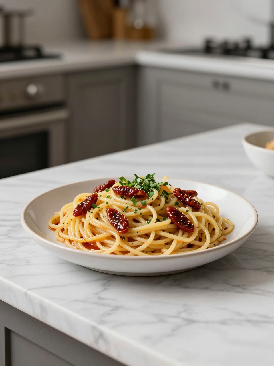 An overheard picture view of a plate of Spaghetti Salad with Sun-Dried Tomatoes sitting on a marble countertop table in the kitchen, professional food photography style.
