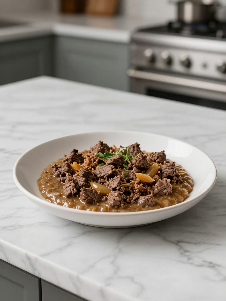An overheard picture view of a plate of Ground Beef Sopas sitting on a marble countertop table in the kitchen, professional food photography style.