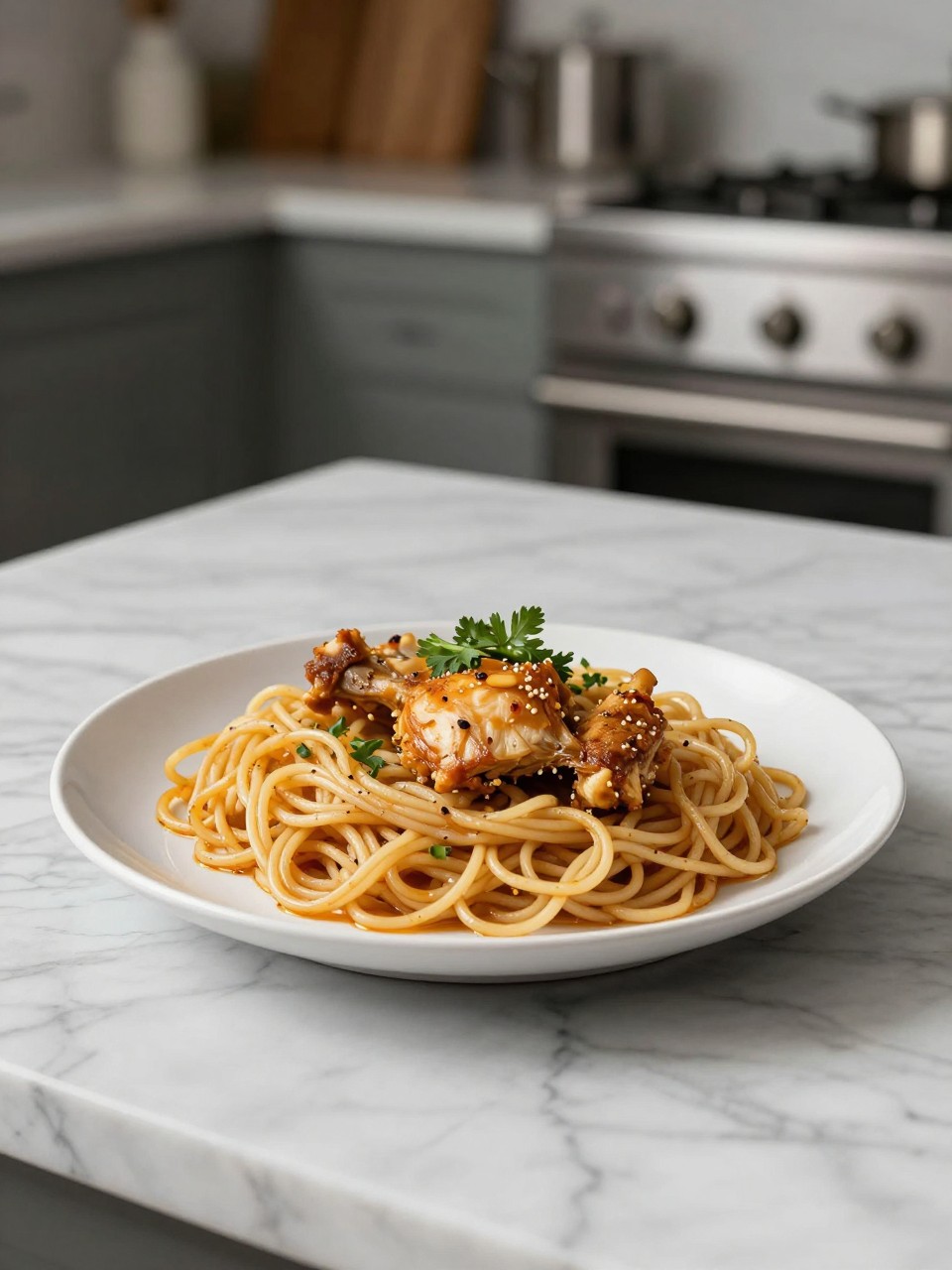 An overheard picture view of a plate of Fideo con Pollo sitting on a marble countertop table in the kitchen, professional food photography style.
