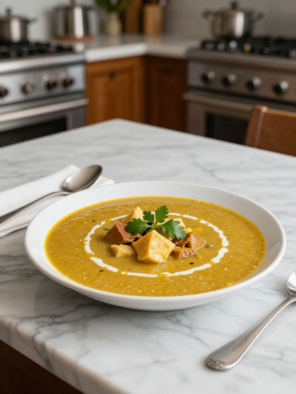 An overheard picture view of a plate of Caldo Tlalpeño sitting on a marble countertop table in the kitchen, professional food photography style.