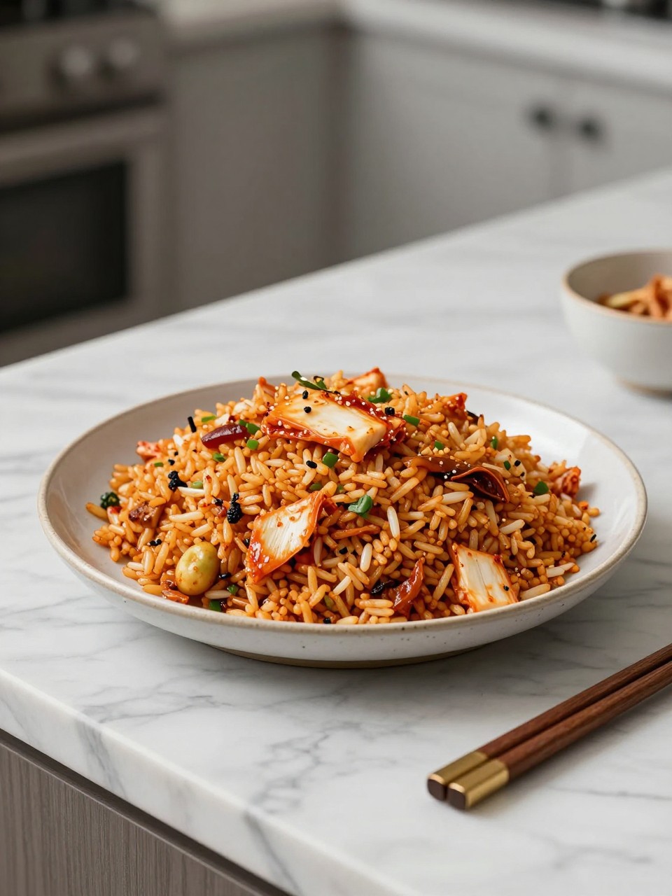 An overheard picture view of a plate of Vegan Kimchi Fried Rice sitting on a marble countertop table in the kitchen, professional food photography style.