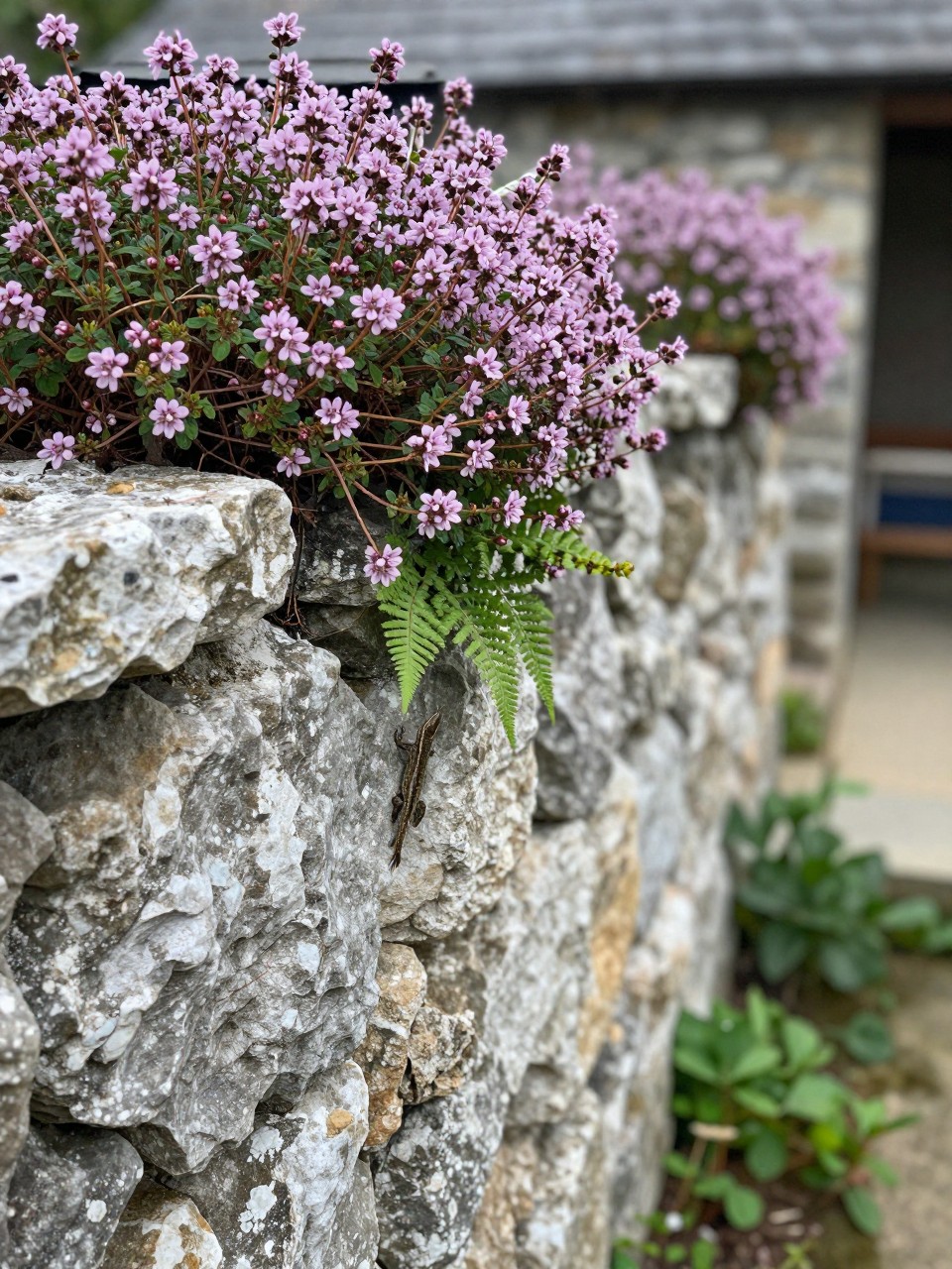 Photo of a old stone wall with creeping thyme and small ferns growing from the crevices, close-up view, setting in a courtyard garden, soft morning light, containing a small lizard on the wall, iPhone photo quality.