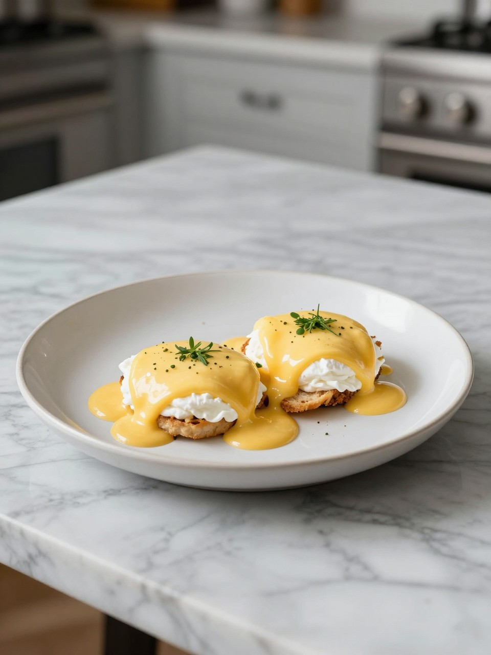 An overheard picture view of a plate of Huevos Divorciados sitting on a marble countertop table in the kitchen, professional food photography style.