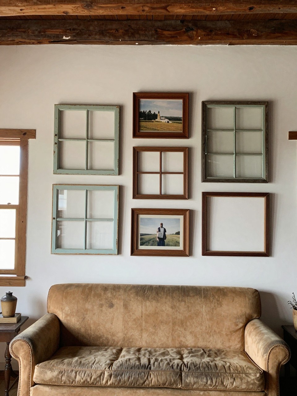 Photo of a living room wall with a collection of old window frames hung as art, some with images behind the glass, wide view, setting in a rustic farmhouse living room, natural window light, containing a vintage sofa below the display, iPhone photo quality.
