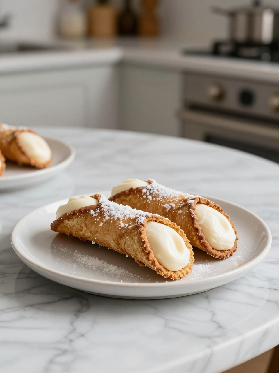 An overheard picture view of a plate of Cannoli Cake sitting on a marble countertop table in the kitchen, professional food photography style.