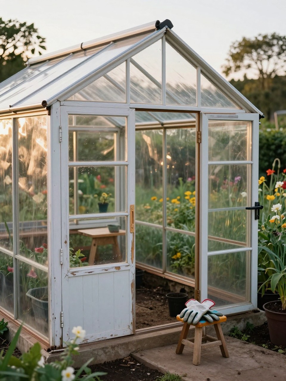Photo of a small greenhouse made from repurposed windows with one window propped open, straight-on view, setting in a cottage garden corner, late afternoon light, containing a pair of gardening gloves on a small stool, iPhone photo quality.