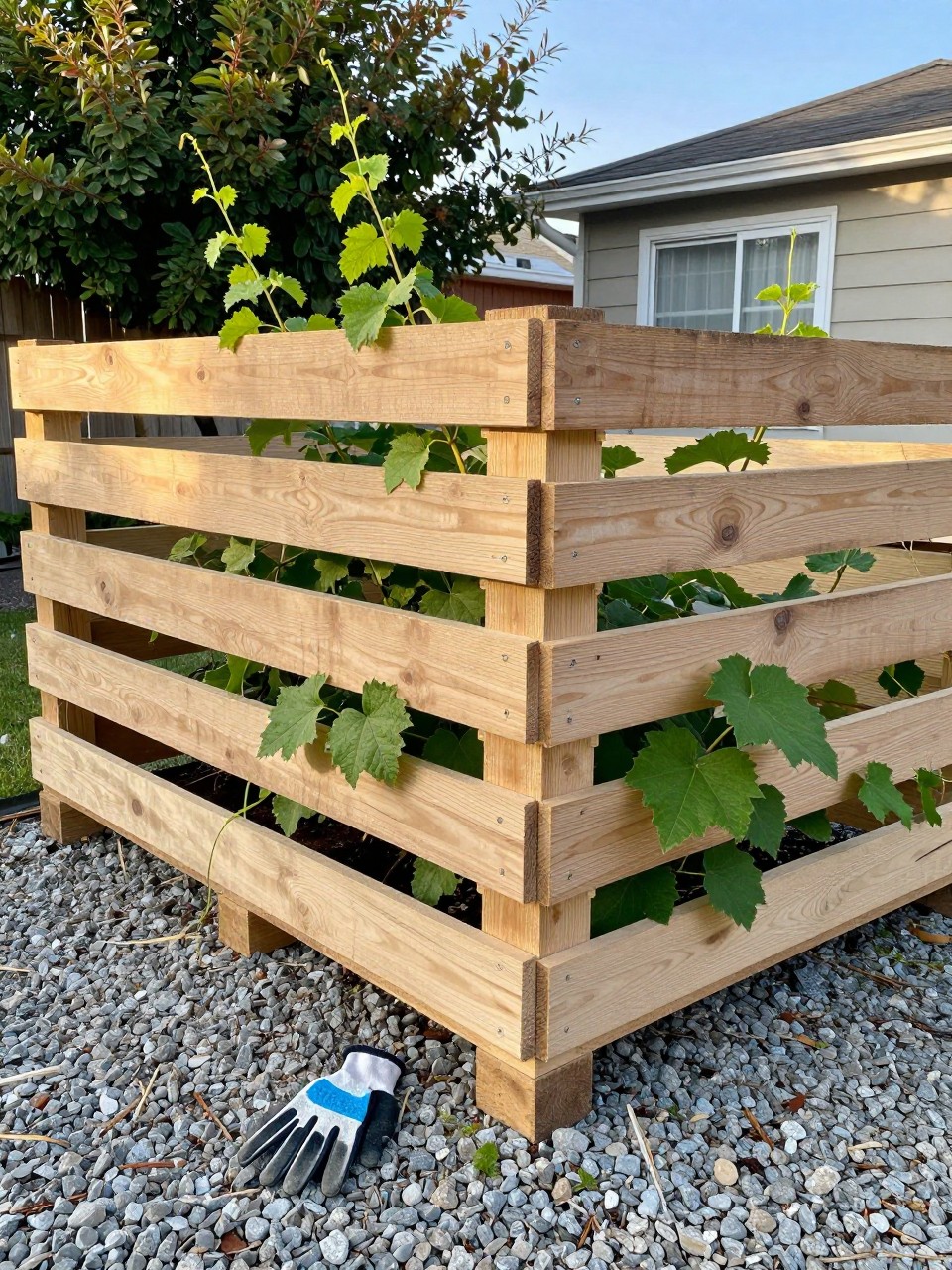 Photo of a pallet fence with green vines growing through the slats, corner angle view, setting in a casual backyard with gravel ground cover, late afternoon light, containing a gardening glove on the ground, iPhone photo quality.