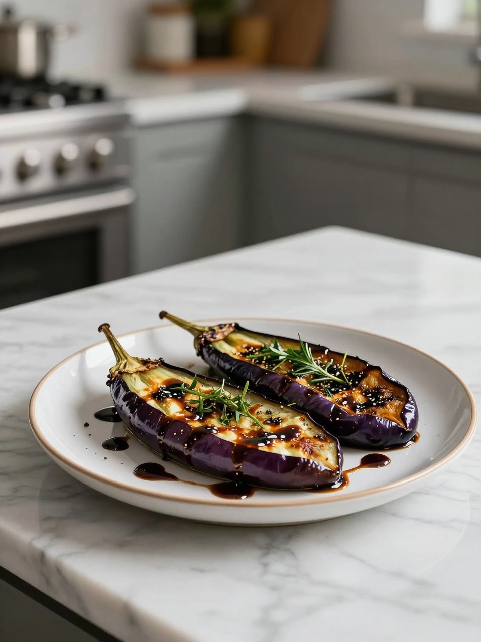An overheard picture view of a plate of Grilled Eggplant with Herbs and Balsamic sitting on a marble countertop table in the kitchen, professional food photography style.