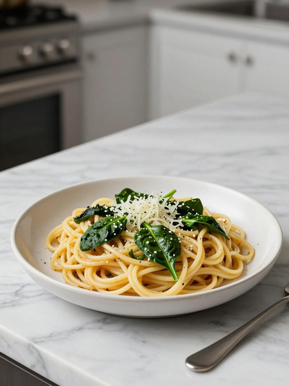 An overheard picture view of a plate of Simple Spaghetti Salad with Spinach sitting on a marble countertop table in the kitchen, professional food photography style.
