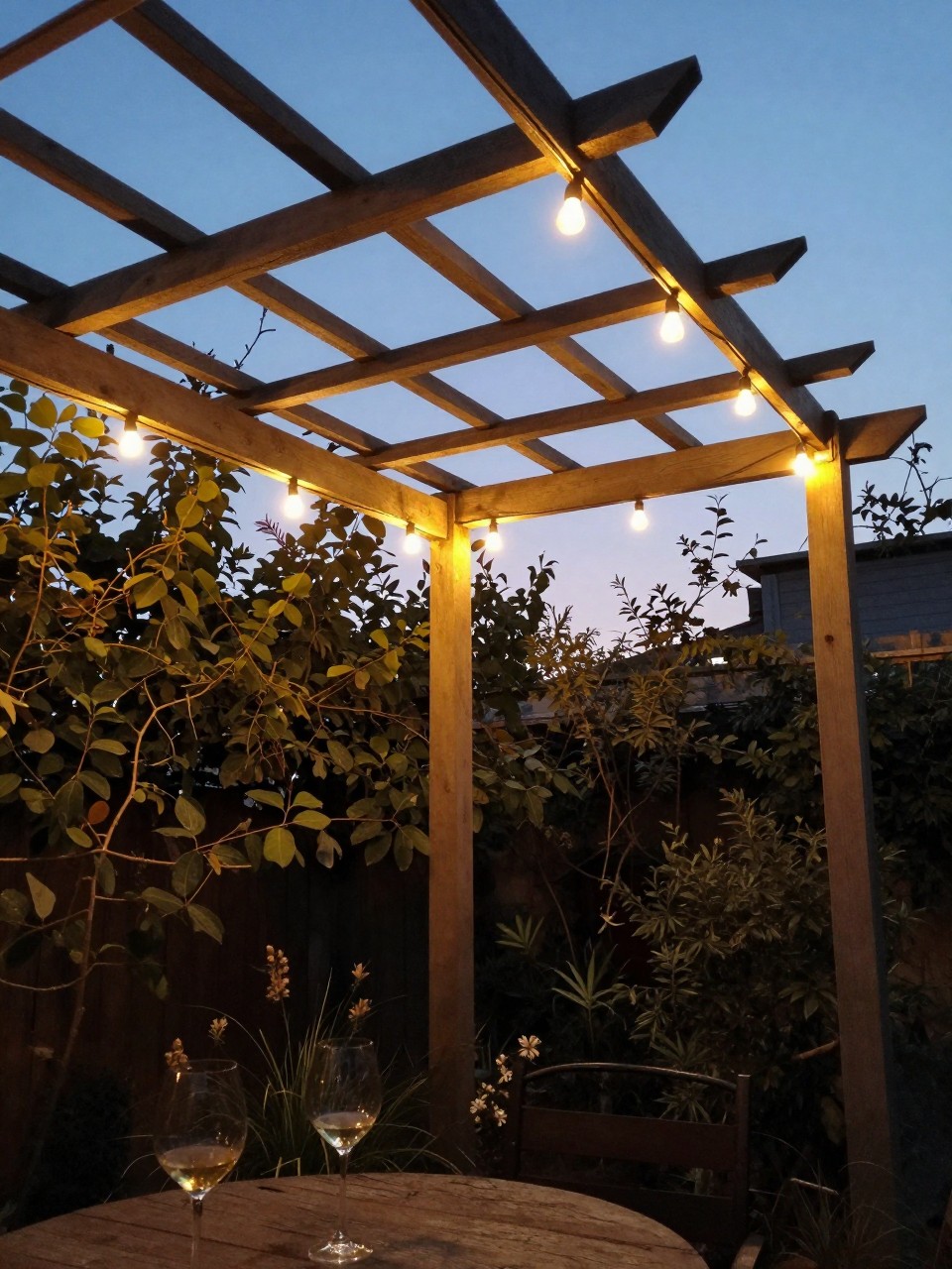 Photo of a pergola with string lights crisscrossing the top in a grid, corner angle view, setting in a small garden at dusk, warm evening light, containing a glass of wine on the table below, iPhone photo quality.