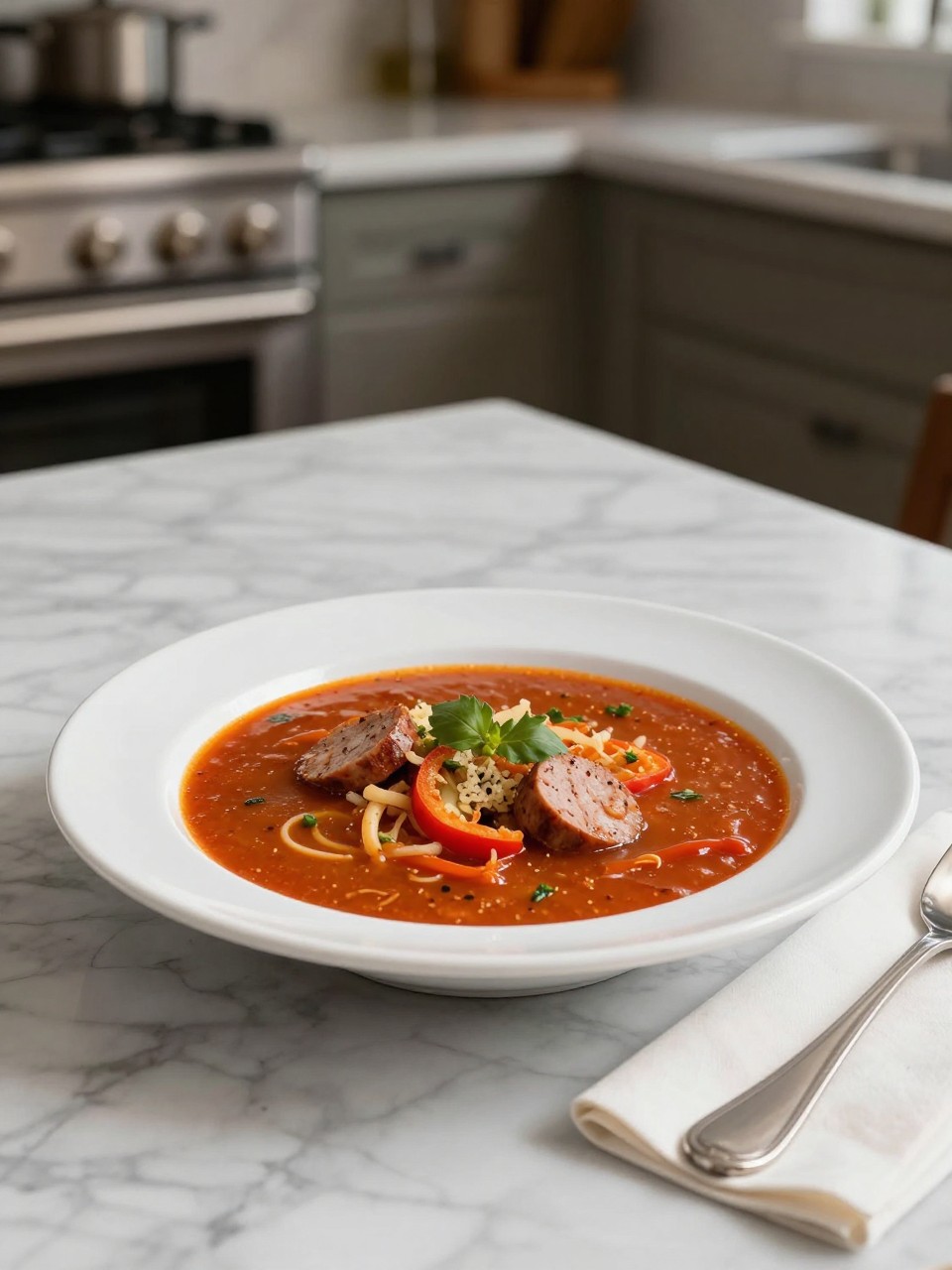 An overheard picture view of a plate of Stuffed Pepper Soup with Italian Sausage sitting on a marble countertop table in the kitchen, professional food photography style.
