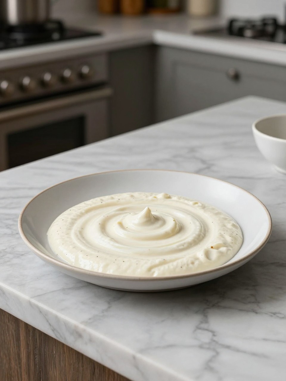 An overheard picture view of a plate of Vodka Sauce sitting on a marble countertop table in the kitchen, professional food photography style.