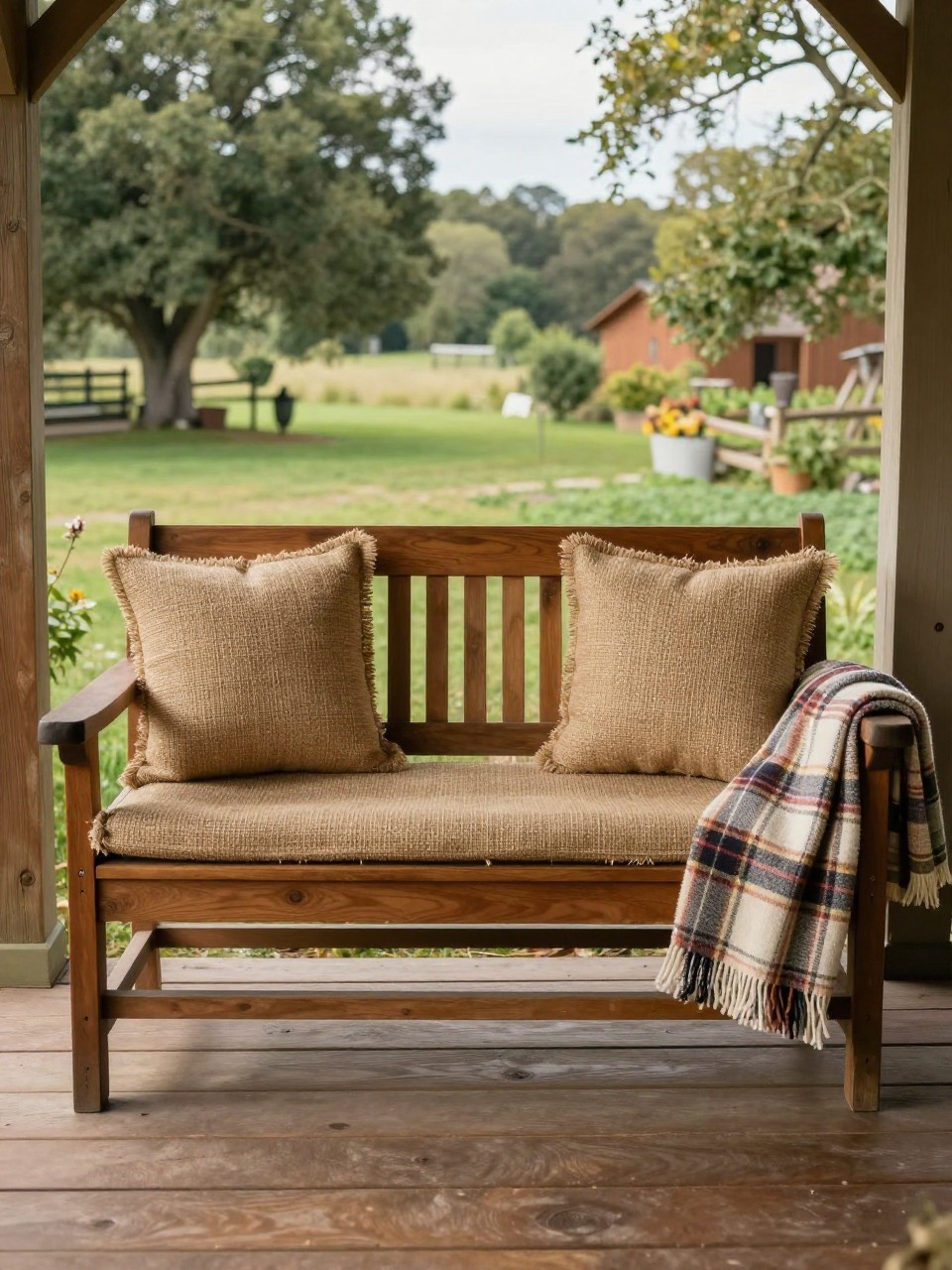 Photo of a wooden bench with burlap cushions on a porch in a rustic country backyard, straight-on view, afternoon light, containing a folded plaid throw blanket on the arm, iPhone photo quality.