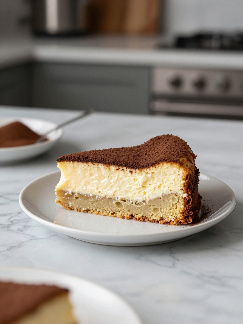 An overheard picture view of a plate of Ricotta and Espresso Cake sitting on a marble countertop table in the kitchen, professional food photography style.