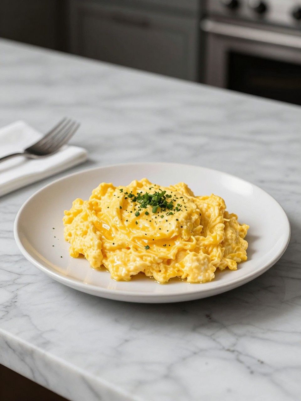 An overheard picture view of a plate of Mexican Scrambled Eggs sitting on a marble countertop table in the kitchen, professional food photography style.