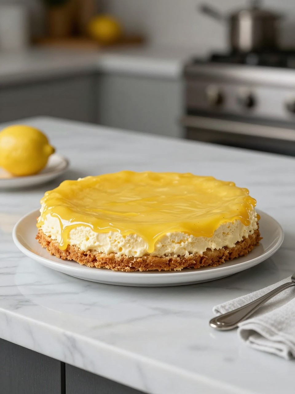 An overheard picture view of a plate of Italian Limoncello Ricotta Cake sitting on a marble countertop table in the kitchen, professional food photography style.