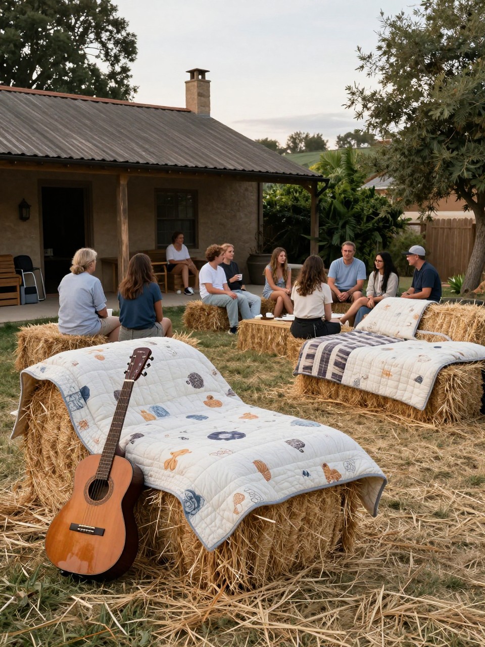 Photo of straw bales covered with quilts used as seating in a rustic country backyard, wide view, afternoon gathering, containing a guitar leaning against one bale, iPhone photo quality.