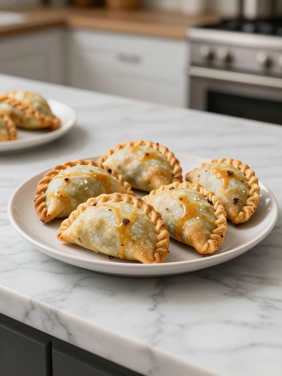 An overheard picture view of a plate of Ground Beef Empanadas sitting on a marble countertop table in the kitchen, professional food photography style.