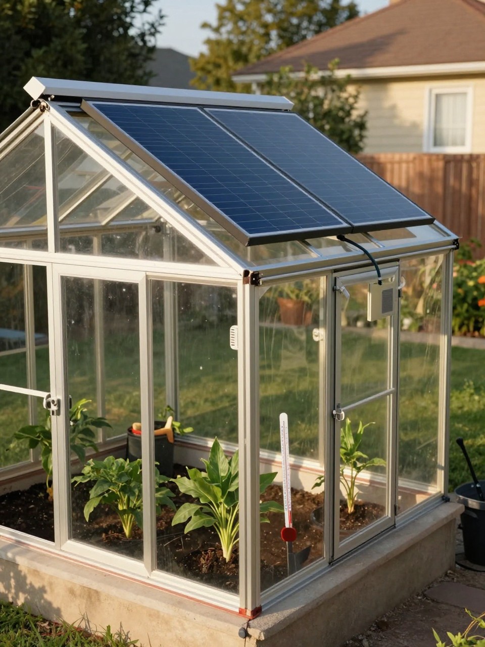 Photo of a small greenhouse with a solar panel on top connected to a roof vent, corner angle view, setting in a sunny backyard, late afternoon light, containing a garden stake thermometer visible inside, iPhone photo quality.