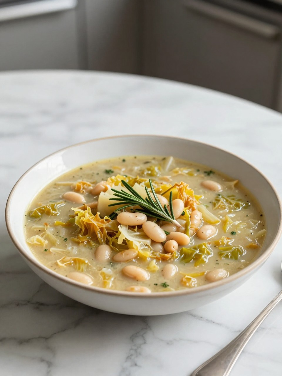 An overheard picture view of a plate of Vegan Cabbage and White Bean Soup with Rosemary sitting on a marble countertop table in the kitchen, professional food photography style.