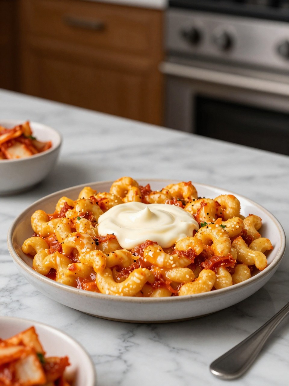 An overheard picture view of a plate of Kimchi Mac'n' Cheese with Kimchi Queso sitting on a marble countertop table in the kitchen, professional food photography style.