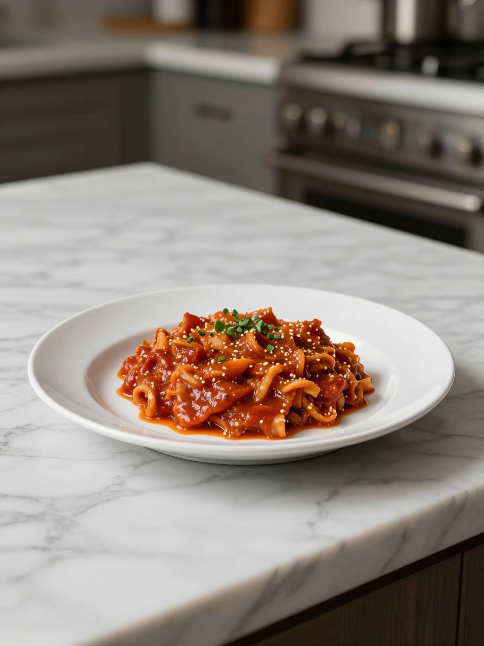 An overheard picture view of a plate of Bolognese Sauce sitting on a marble countertop table in the kitchen, professional food photography style.