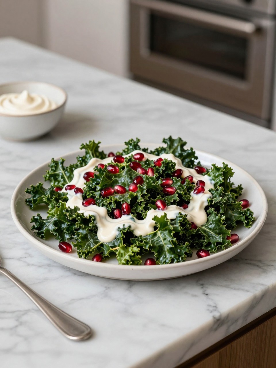 An overheard picture view of a plate of Kale and Pomegranate Salad with Creamy Tahini Dressing sitting on a marble countertop table in the kitchen, professional food photography style.