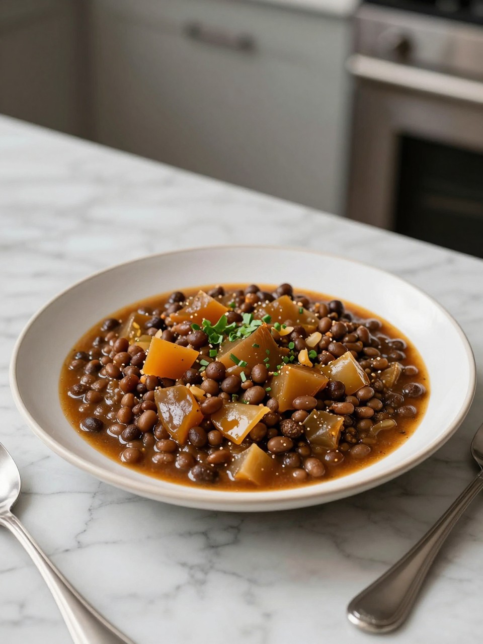 An overheard picture view of a plate of Hearty Lentil and Cabbage Stew sitting on a marble countertop table in the kitchen, professional food photography style.