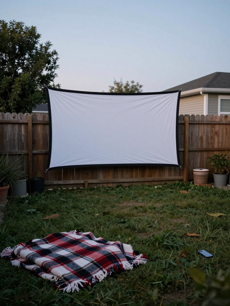 Photo of a backyard with a white sheet hung on a wooden fence as a movie screen, wide view from seating area, setting in a casual backyard at dusk, soft evening light, containing a pile of blankets on the grass below, iPhone photo quality.