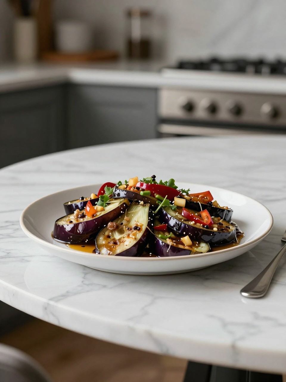 An overheard picture view of a plate of Eggplant Caponata sitting on a marble countertop table in the kitchen, professional food photography style.