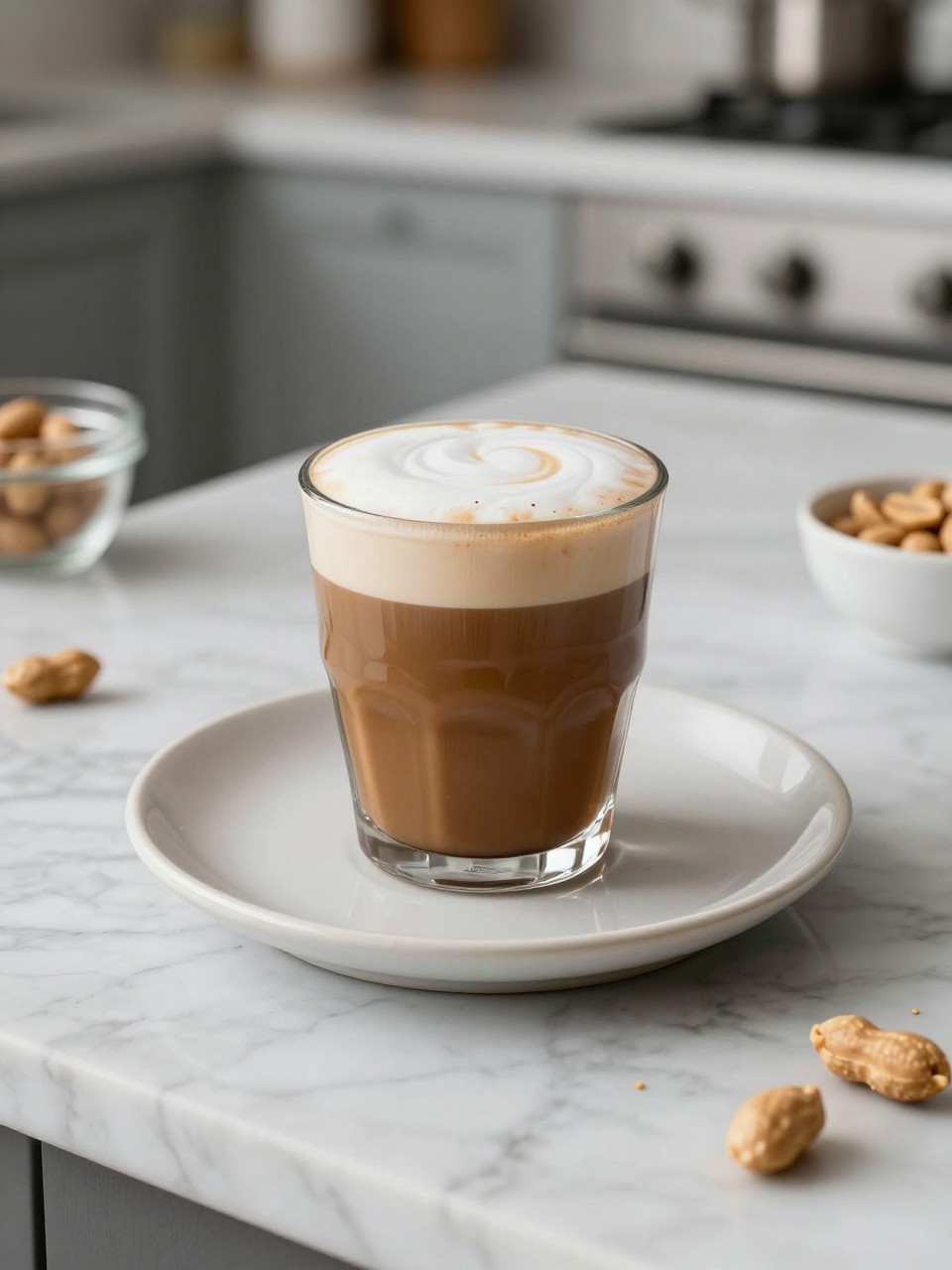 An overheard picture view of a plate of Peanut Butter Espresso sitting on a marble countertop table in the kitchen, professional food photography style.