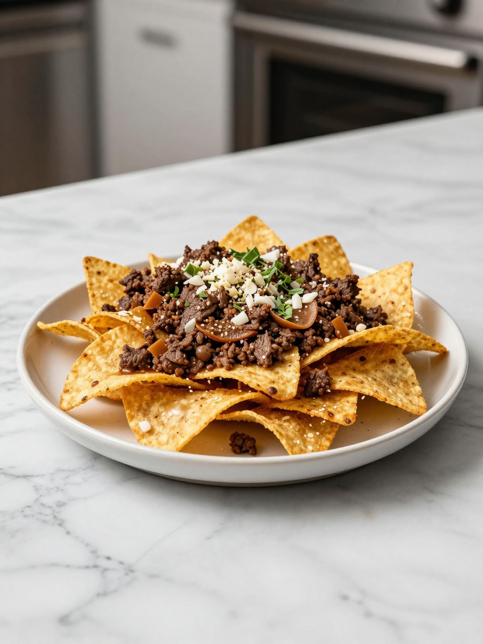 An overheard picture view of a plate of Ground Beef Nachos sitting on a marble countertop table in the kitchen, professional food photography style.