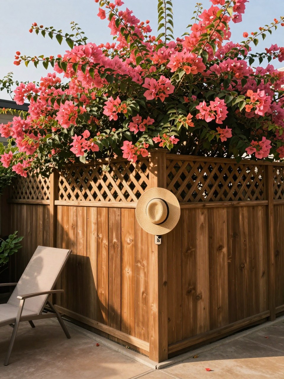 Photo of a wood lattice fence covered in pink bougainvillea blooms, corner angle view, setting in a sunny backyard corner with a lounge chair, warm afternoon light, containing a sunhat hanging on the fence, iPhone photo quality.