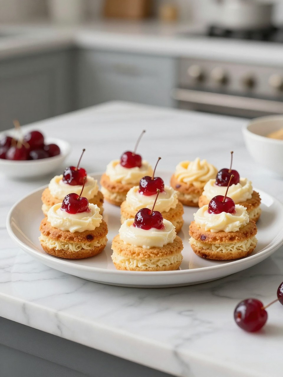 An overheard picture view of a plate of Mini Ricotta and Cherry Cakes sitting on a marble countertop table in the kitchen, professional food photography style.