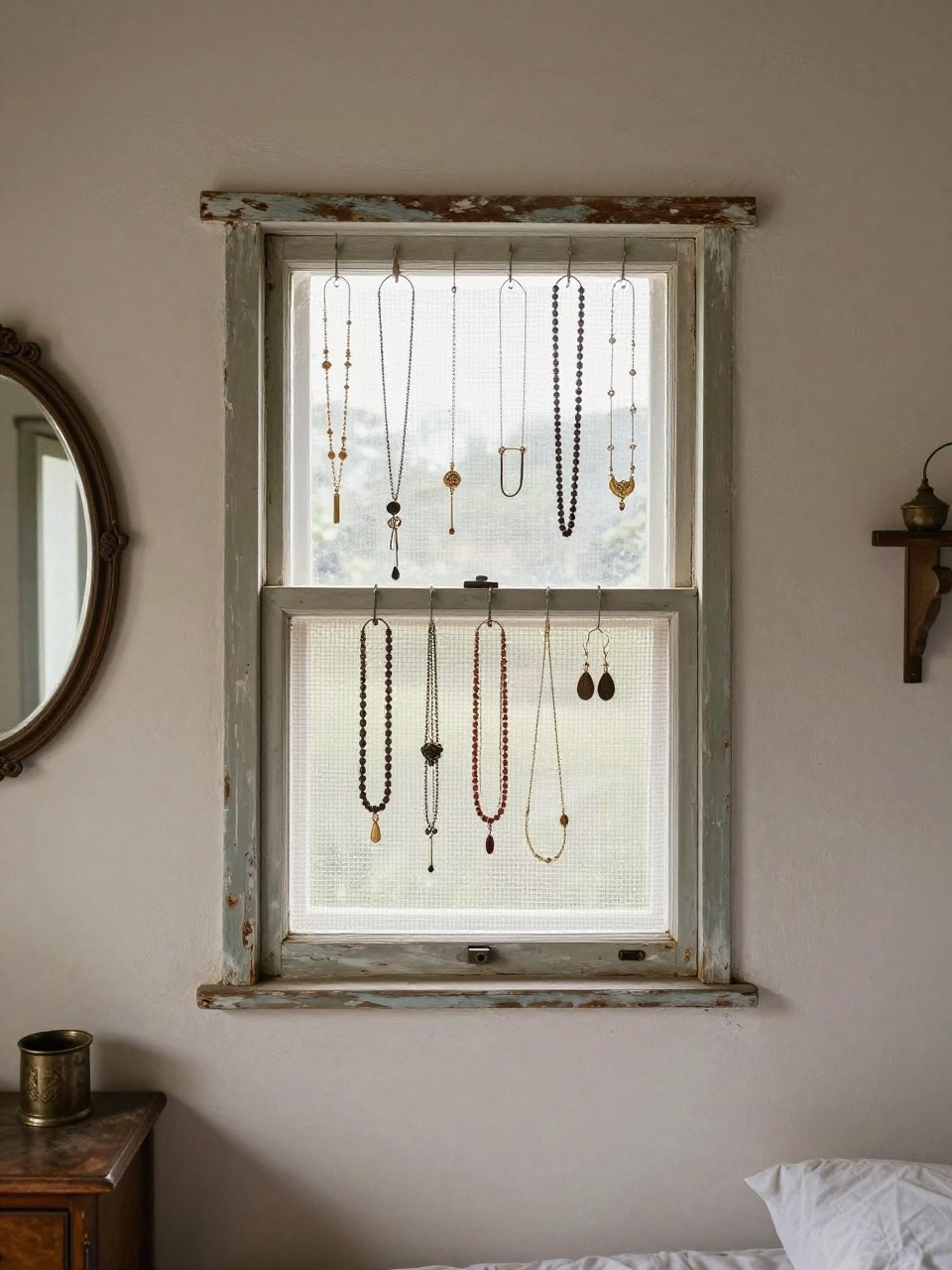 Photo of a old window frame mounted on a bedroom wall with necklaces hanging from hooks and earrings on mesh, straight-on view, setting in a rustic bedroom, morning light, containing a vintage mirror nearby, iPhone photo quality.