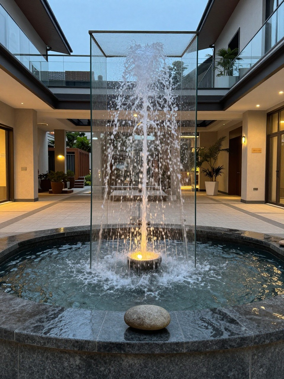 Photo of a glass panel fountain with water sheeting down into a stone basin, straight-on view, setting in a modern courtyard with evening lighting, dusk, containing a single smooth stone on the basin edge, iPhone photo quality.