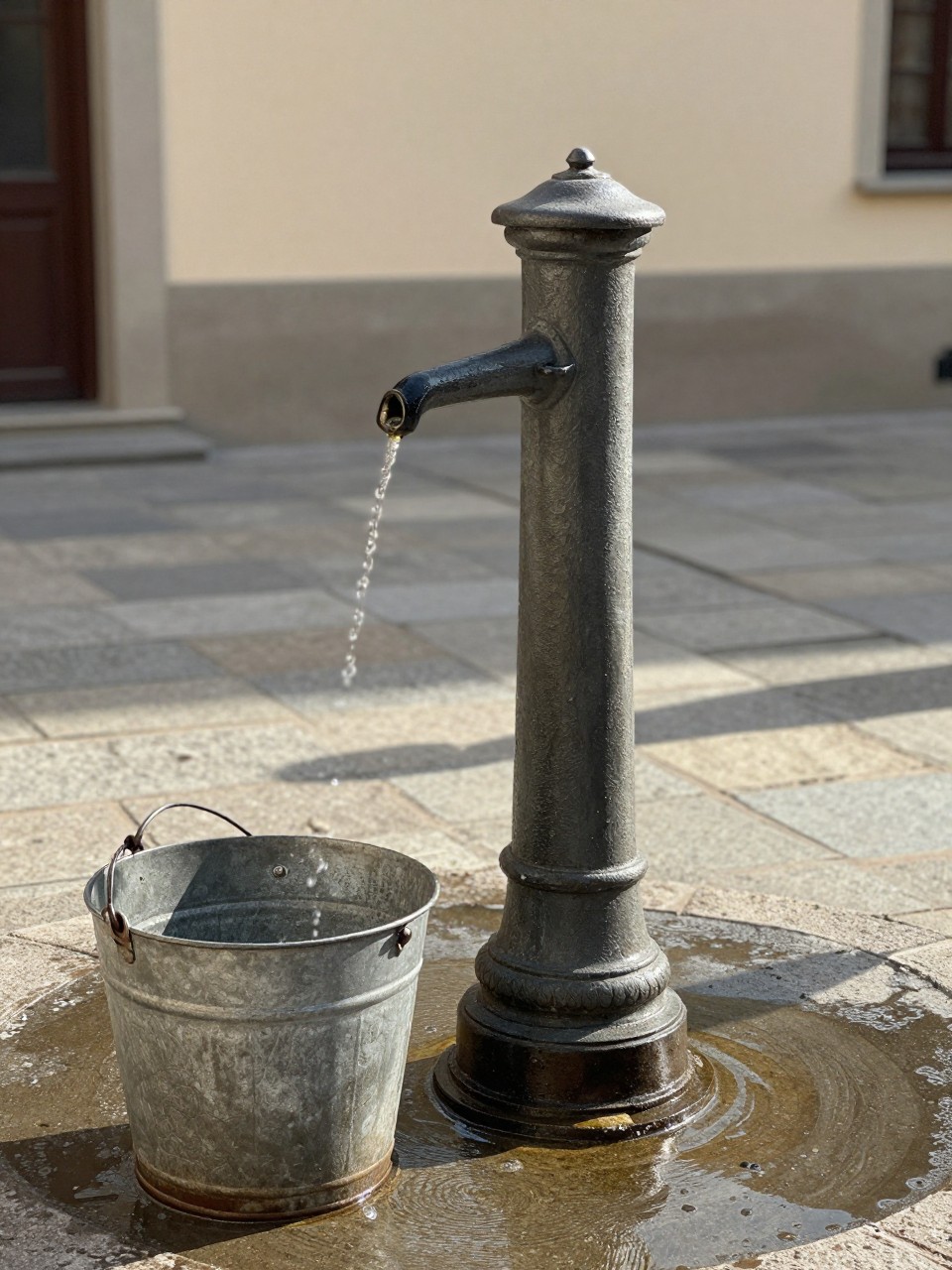 Photo of a antique cast iron pump fountain with water trickling from the spout, corner angle view, setting in a courtyard with flagstone floor, morning light, containing an old metal bucket near the base, iPhone photo quality.
