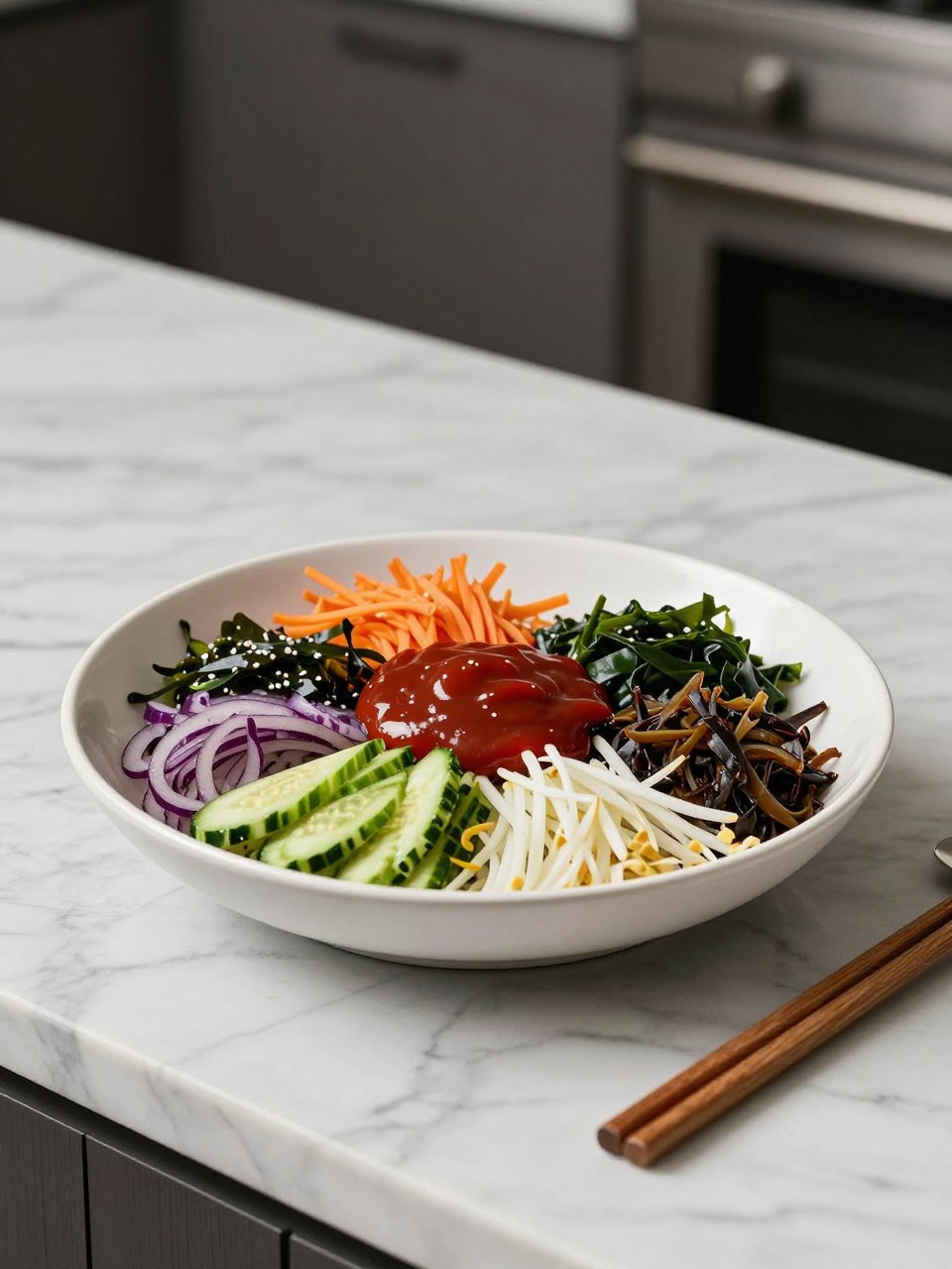 An overheard picture view of a plate of Vegan Bibimbap with Gochujang Sauce sitting on a marble countertop table in the kitchen, professional food photography style.