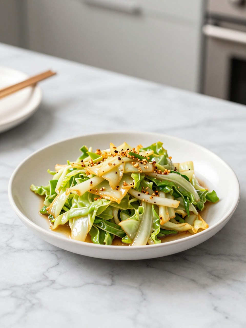 An overheard picture view of a plate of Simple Garlic Ginger Cabbage Stir-Fry sitting on a marble countertop table in the kitchen, professional food photography style.