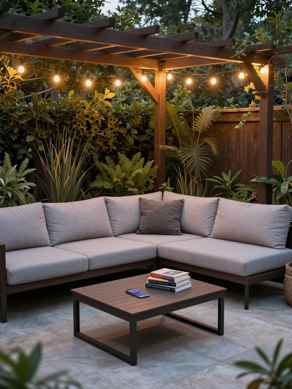 Photo of a pergola corner with an L-shaped sofa and low coffee table, corner angle view, setting in a small garden with string lights, evening light, containing a stack of books on the coffee table, iPhone photo quality.