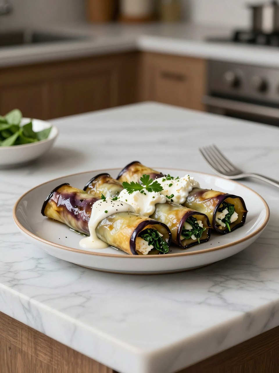 An overheard picture view of a plate of Eggplant Involtini with Ricotta and Spinach sitting on a marble countertop table in the kitchen, professional food photography style.