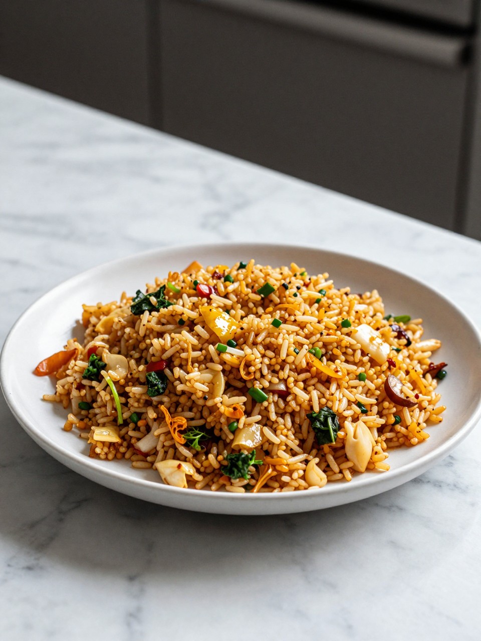 An overheard picture view of a plate of Vegan Cabbage Fried Rice sitting on a marble countertop table in the kitchen, professional food photography style.