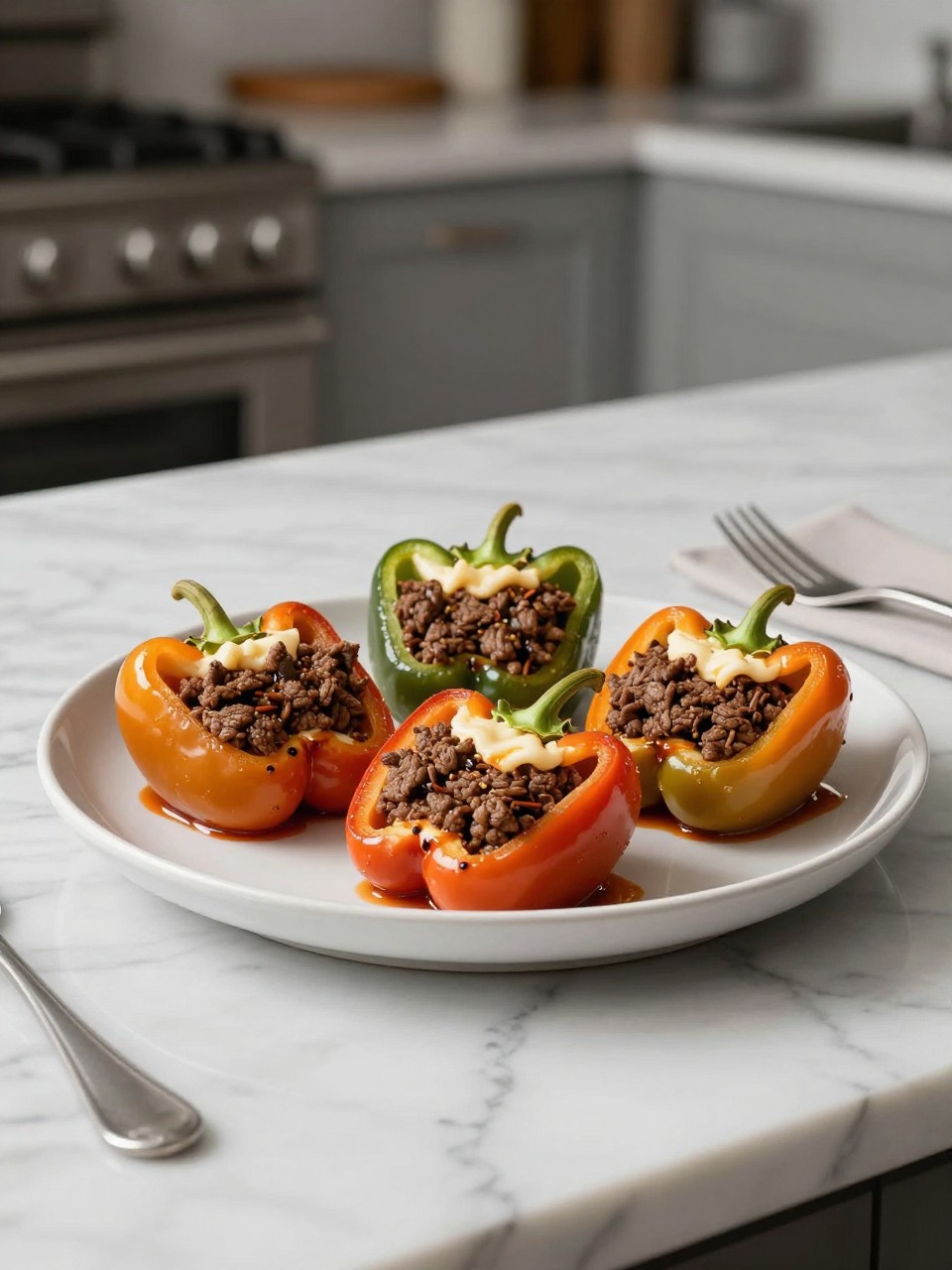 An overheard picture view of a plate of Ground Beef Stuffed Bell Peppers sitting on a marble countertop table in the kitchen, professional food photography style.