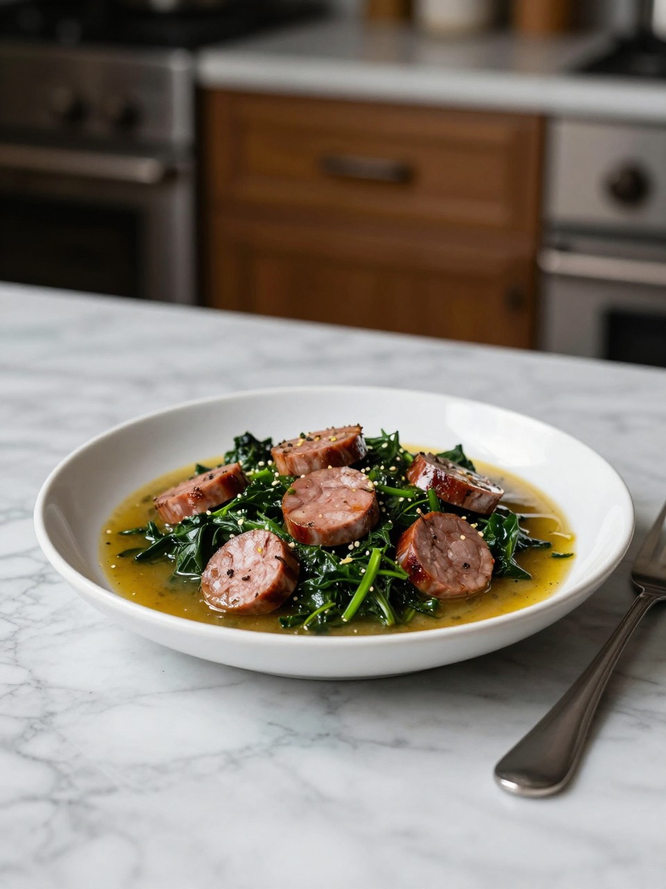 An overheard picture view of a plate of Tuscan Sausage and Kale Stew sitting on a marble countertop table in the kitchen, professional food photography style.