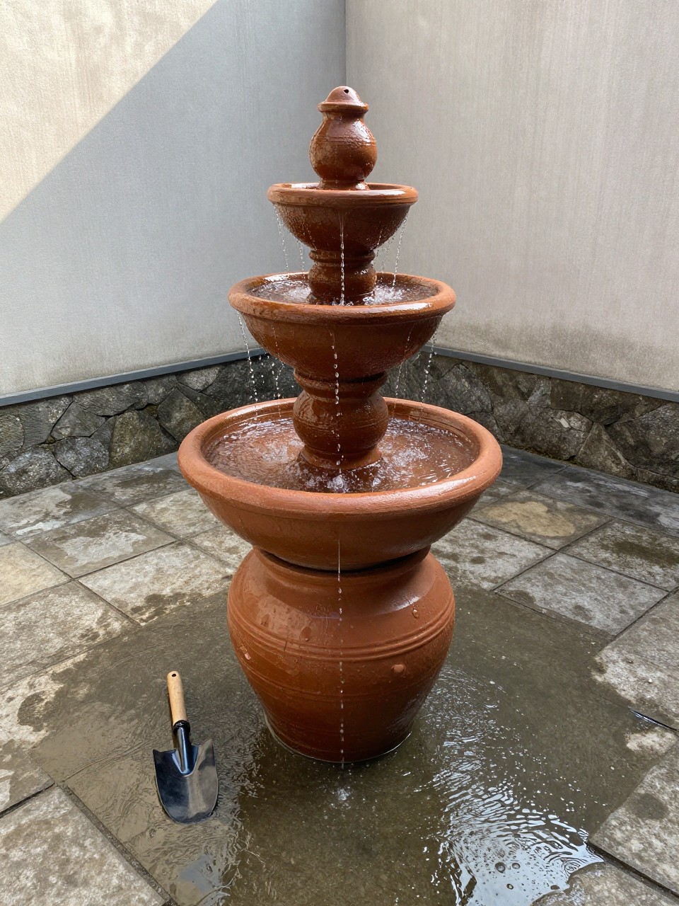 Photo of a stacked terra cotta pot fountain with water trickling down, straight-on view, setting in a corner courtyard with stone pavers, morning light, containing a small hand trowel left near the base, iPhone photo quality.
