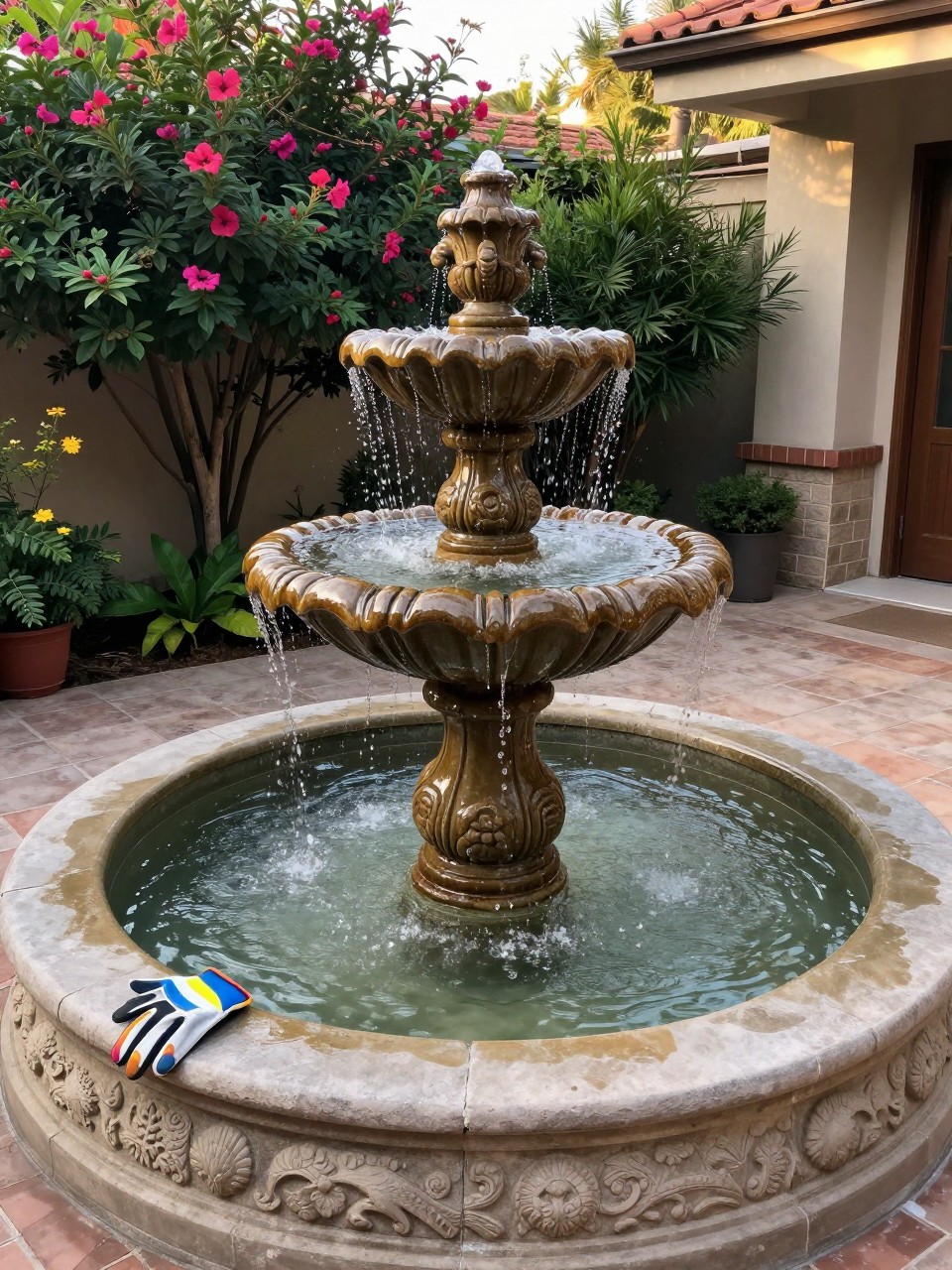 Photo of a large ceramic urn fountain with water cascading over its sides, wide view, setting in a courtyard corner with flowering plants, late afternoon light, containing a gardening glove on the edge of the basin, iPhone photo quality.